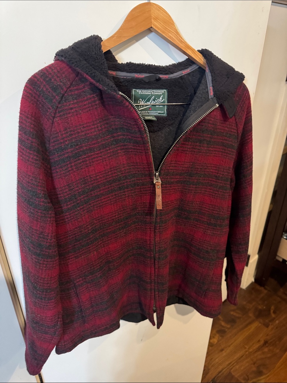Woolrich Red And Black Plaid Sherpa-Lined Zip Hoodie